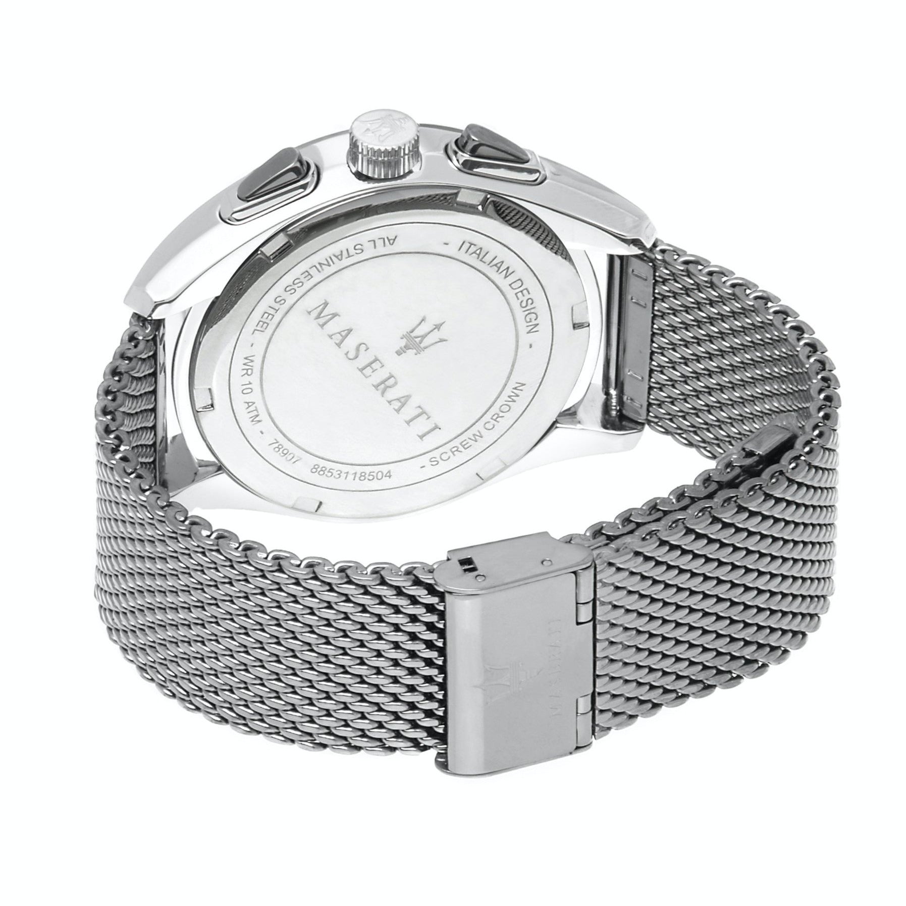 Maserati Traguardo watch caseback showing stainless steel mesh strap and engraved crown