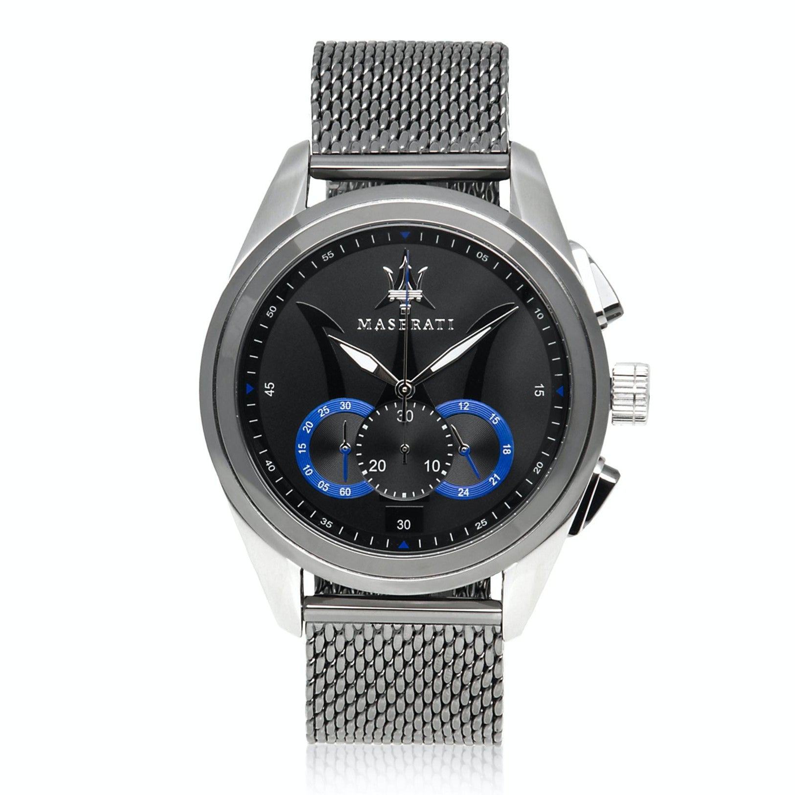 Maserati Traguardo chronograph watch front view with black dial and blue subdials