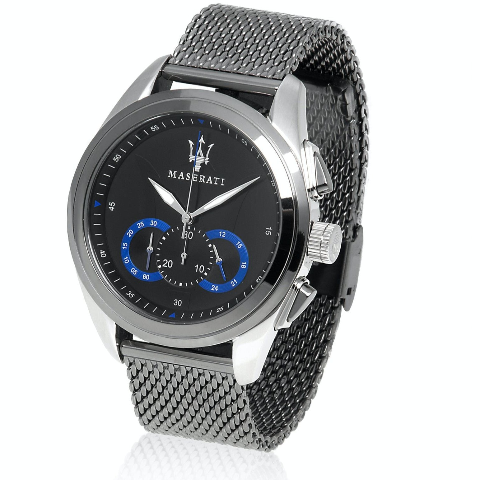 Maserati Traguardo chronograph with black dial and blue subdials on mesh strap
