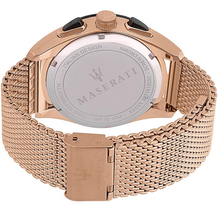 Maserati Traguardo chronograph watch worn with mesh strap showing case and bezel