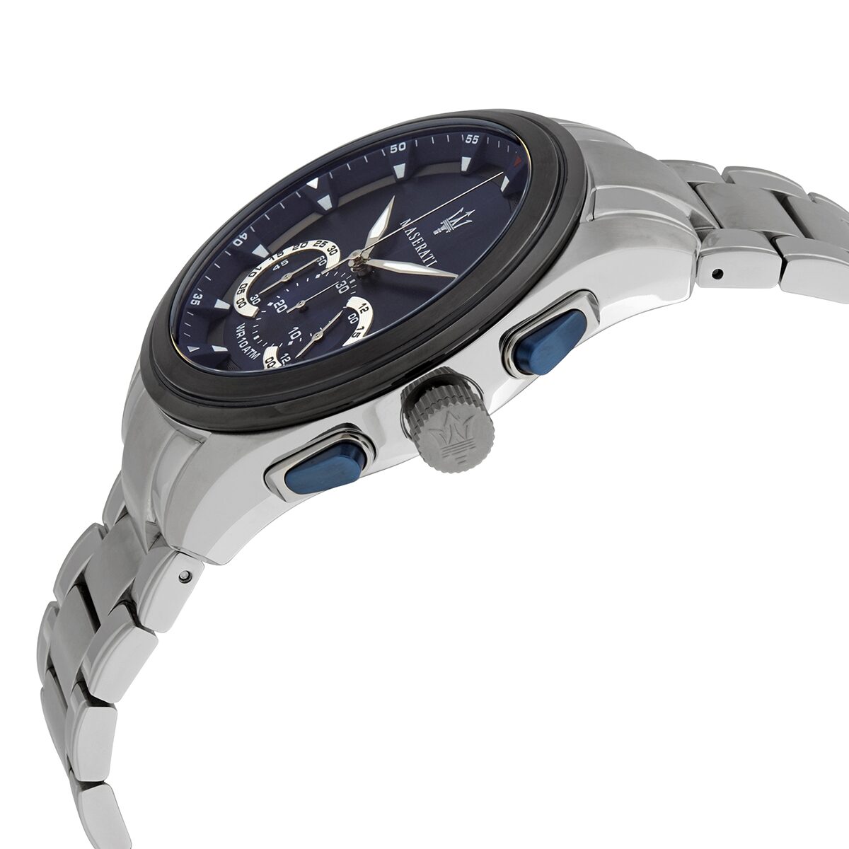 Maserati Traguardo chronograph watch angled view showing blue dial and stainless steel case