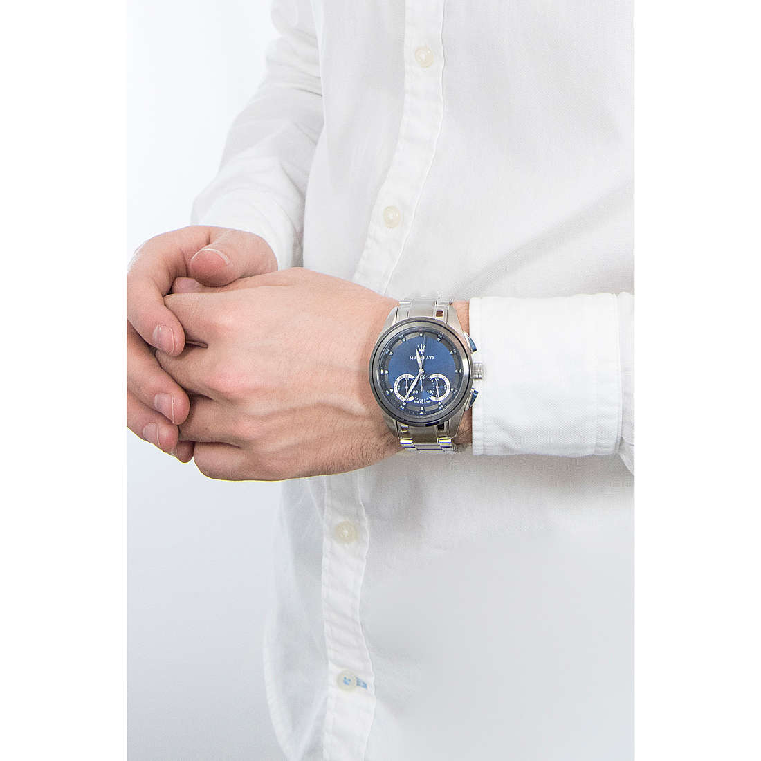 Maserati Traguardo chronograph men's watch worn on wrist with blue dial visible