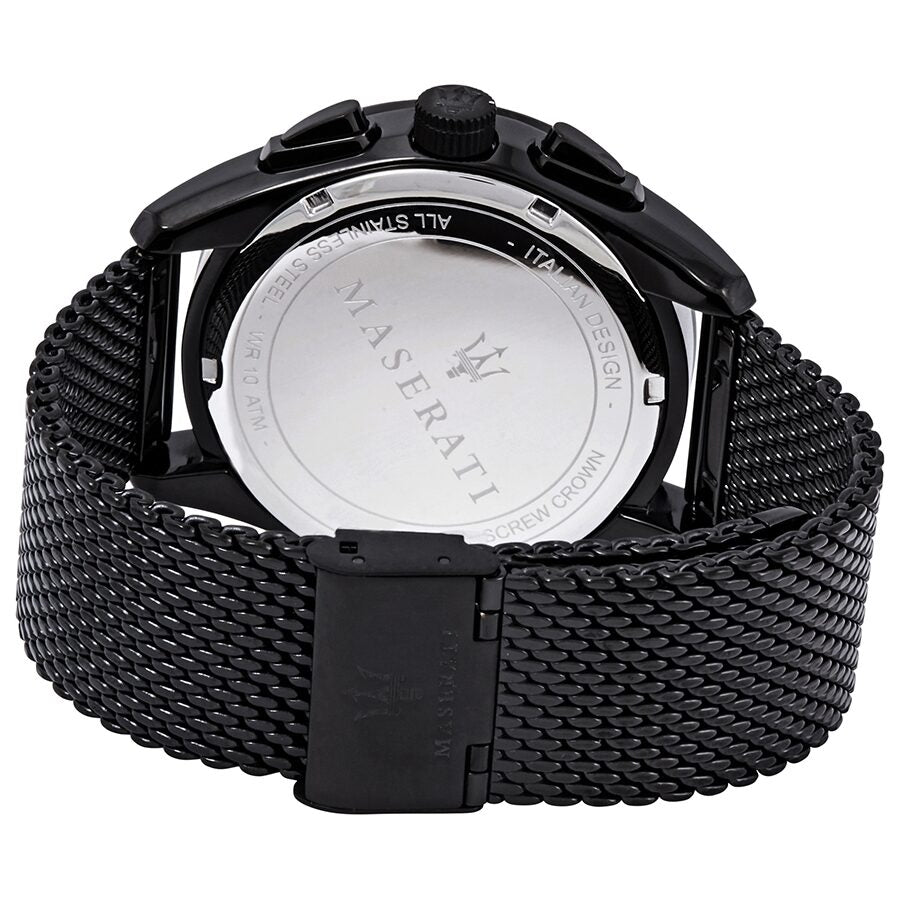 Maserati Traguardo watch caseback showing Maserati branding and warranty text