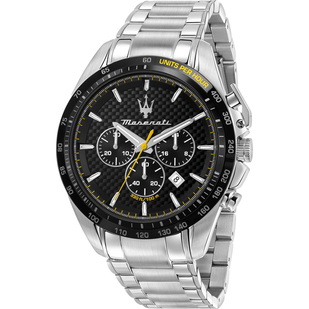 Maserati Traguardo silver chronograph watch with black dial, yellow accents, and stainless steel bracelet