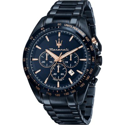 Maserati Traguardo navy blue chronograph watch with gold accents on dial and dark stainless steel bracelet