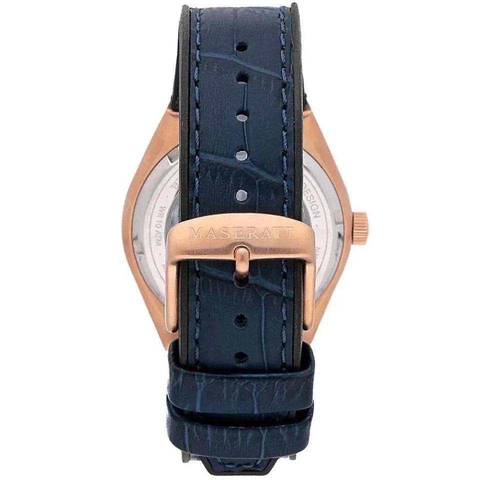 Caseback of Maserati Triconic watch showing transparent exhibition sapphire with visible automatic movement