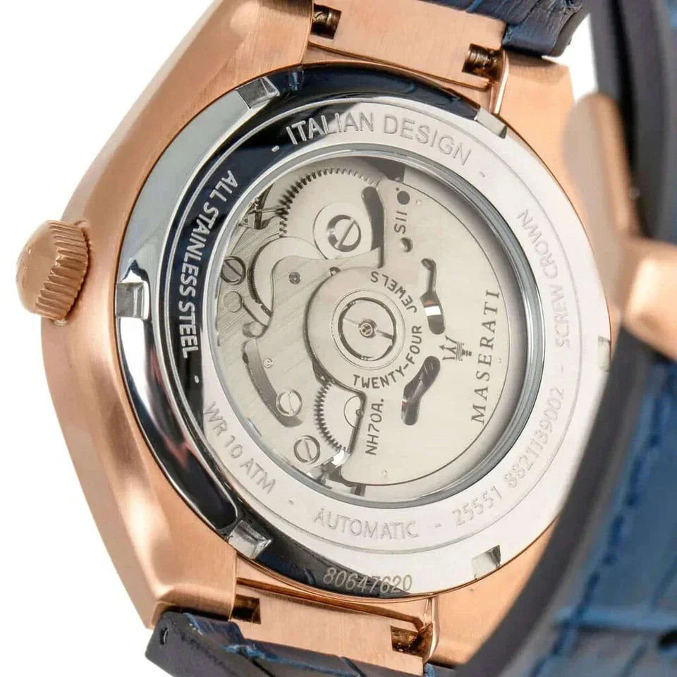 Dial detail of Maserati Triconic automatic watch showing skeletonized movement and Italian Design engraving