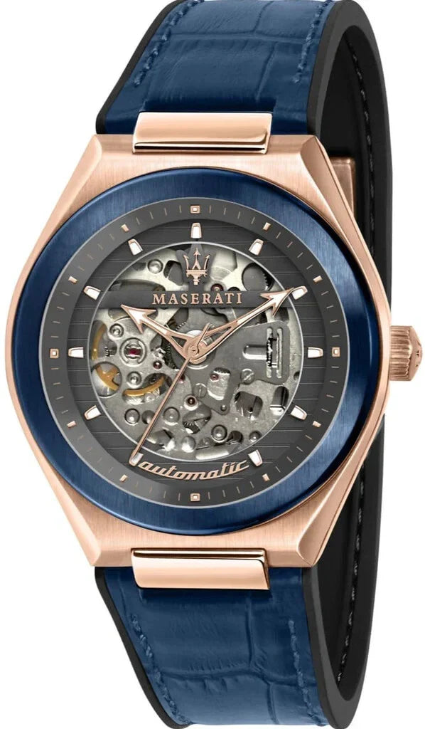 Maserati Triconic men's automatic watch with rose gold case, black skeleton dial, blue bezel and blue leather strap