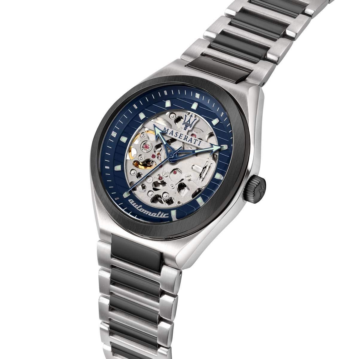 Angled view of Maserati Triconic watch with blue dial and gunmetal two-tone bracelet