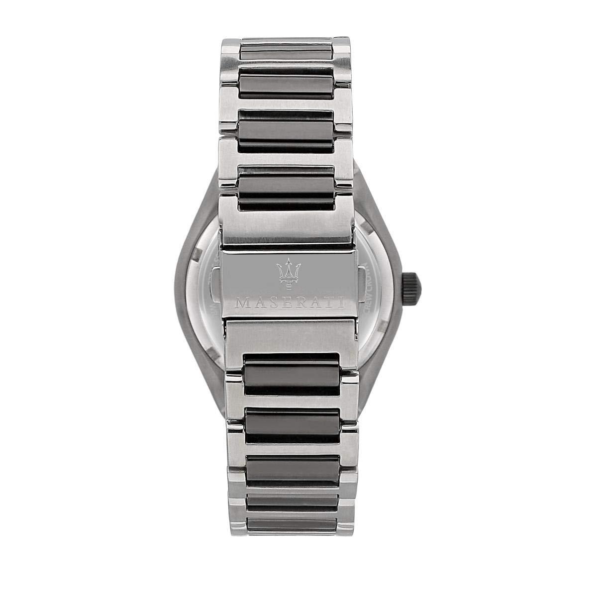 Caseback of Maserati Triconic watch displaying gunmetal case and bracelet