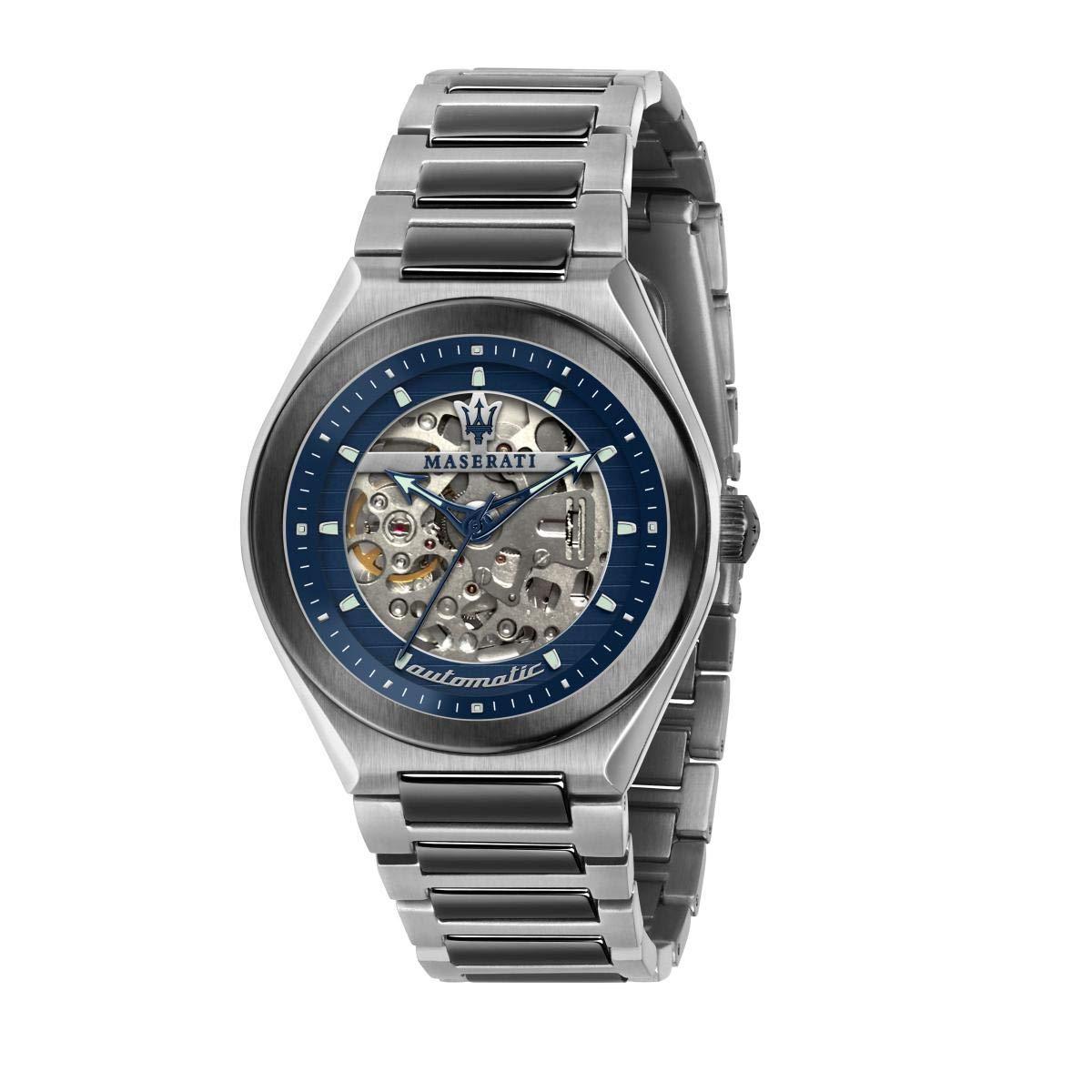 Maserati Triconic gunmetal men's watch with blue skeleton dial and matching bracelet