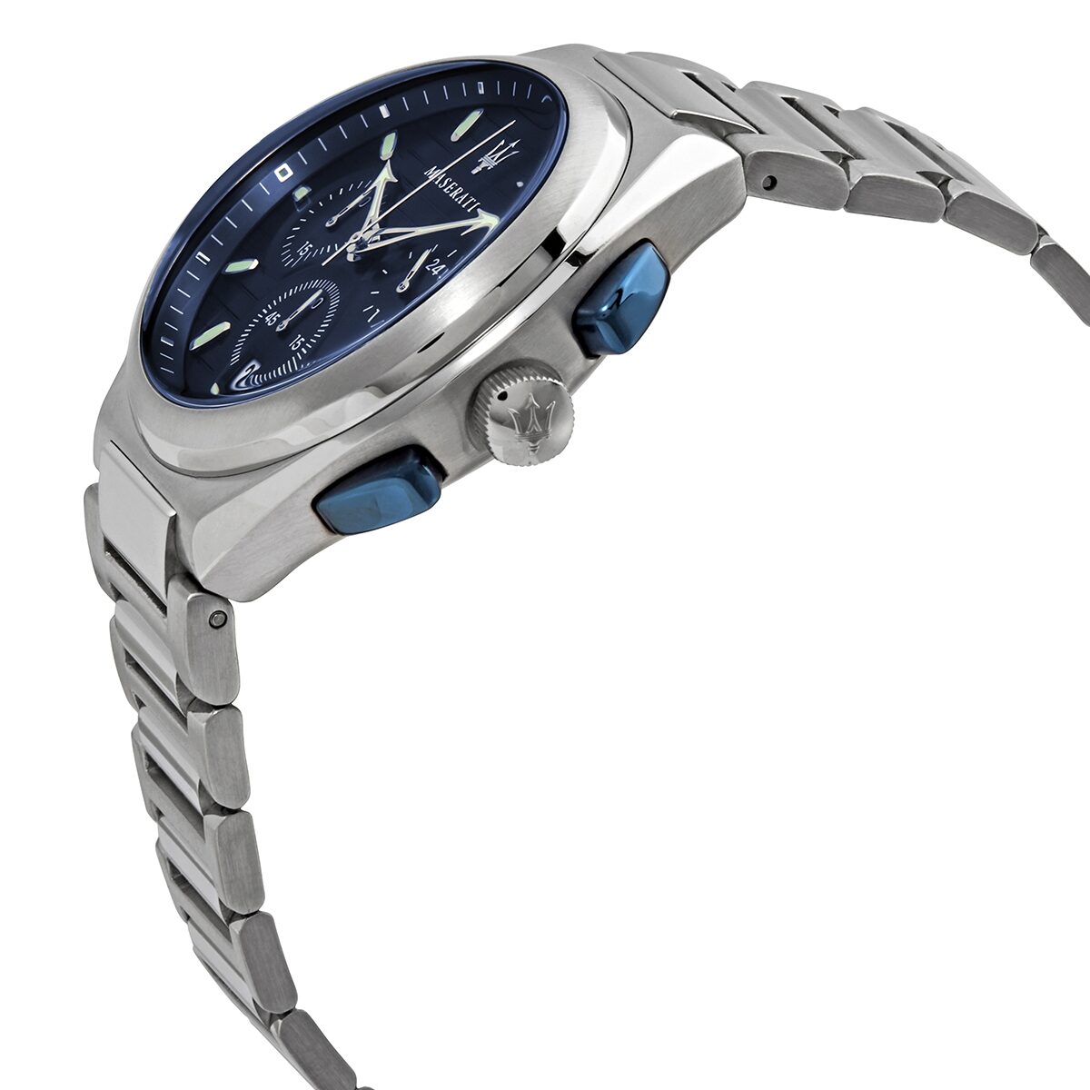 Maserati Triconic men's watch side view showing blue chronograph pushers and stainless steel bracelet