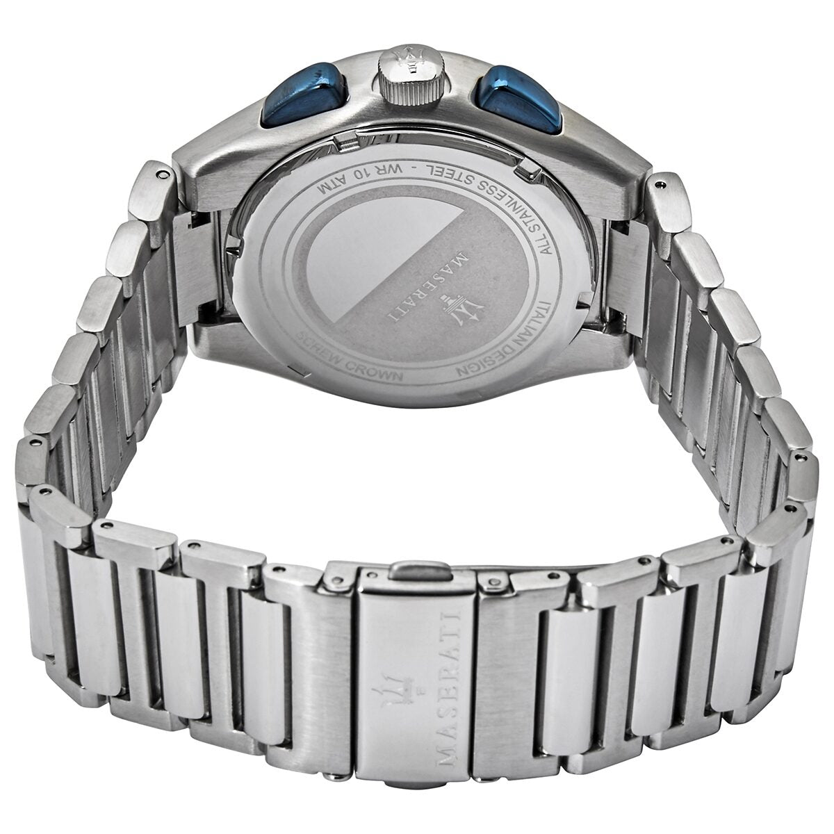 Maserati Triconic men's watch caseback showing stainless steel case and bracelet