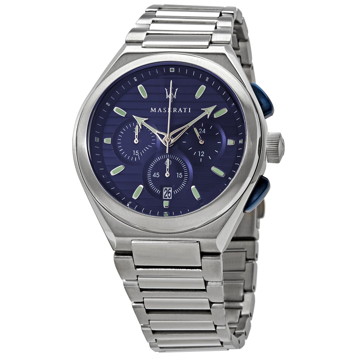 Maserati Triconic chronograph men's watch with blue dial and stainless steel bracelet