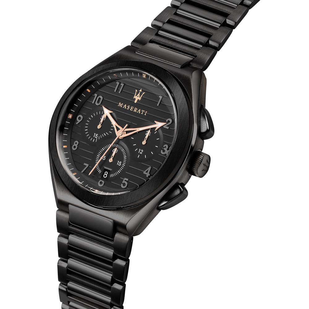 Maserati Triconic angled view showing black dial and rose gold chronograph hands
