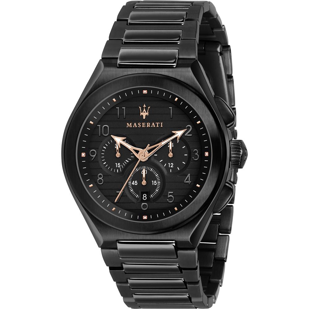 Maserati Triconic quartz chronograph with black dial and rose gold hands