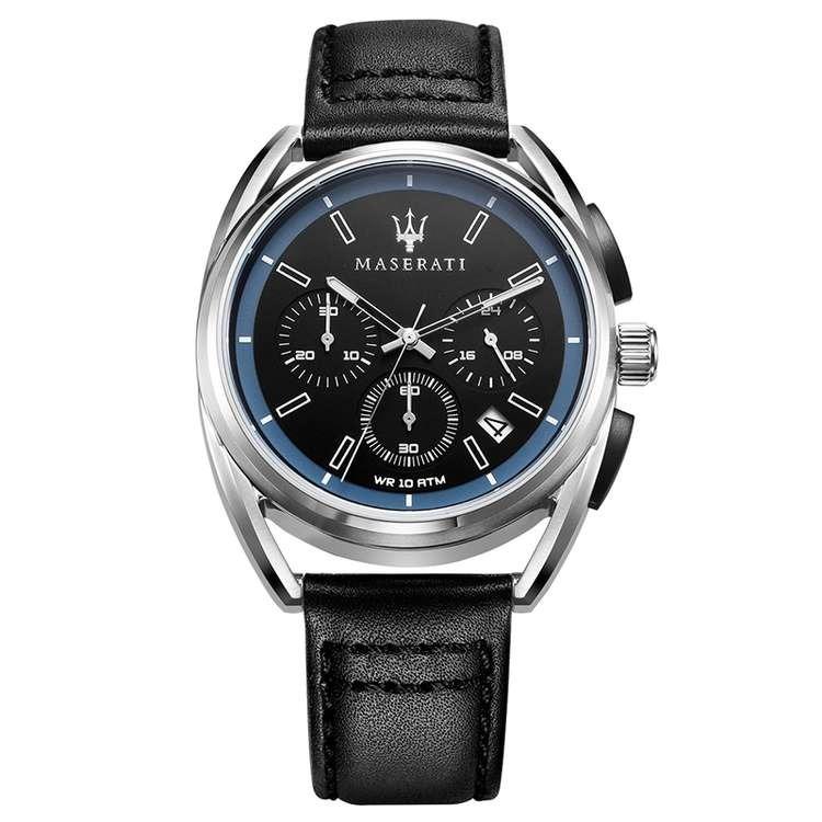 Maserati Trimarano chronograph watch with blue and black dial and black leather strap