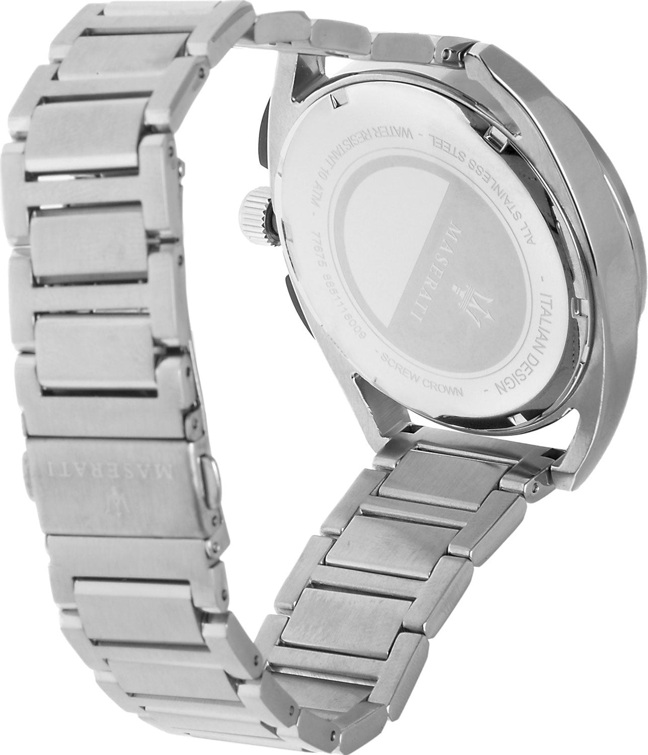 Caseback view of Maserati Trimarano chronograph watch with stainless steel bracelet