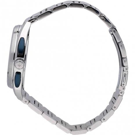 Side view of Maserati Trimarano watch showing silver steel bracelet and case profile