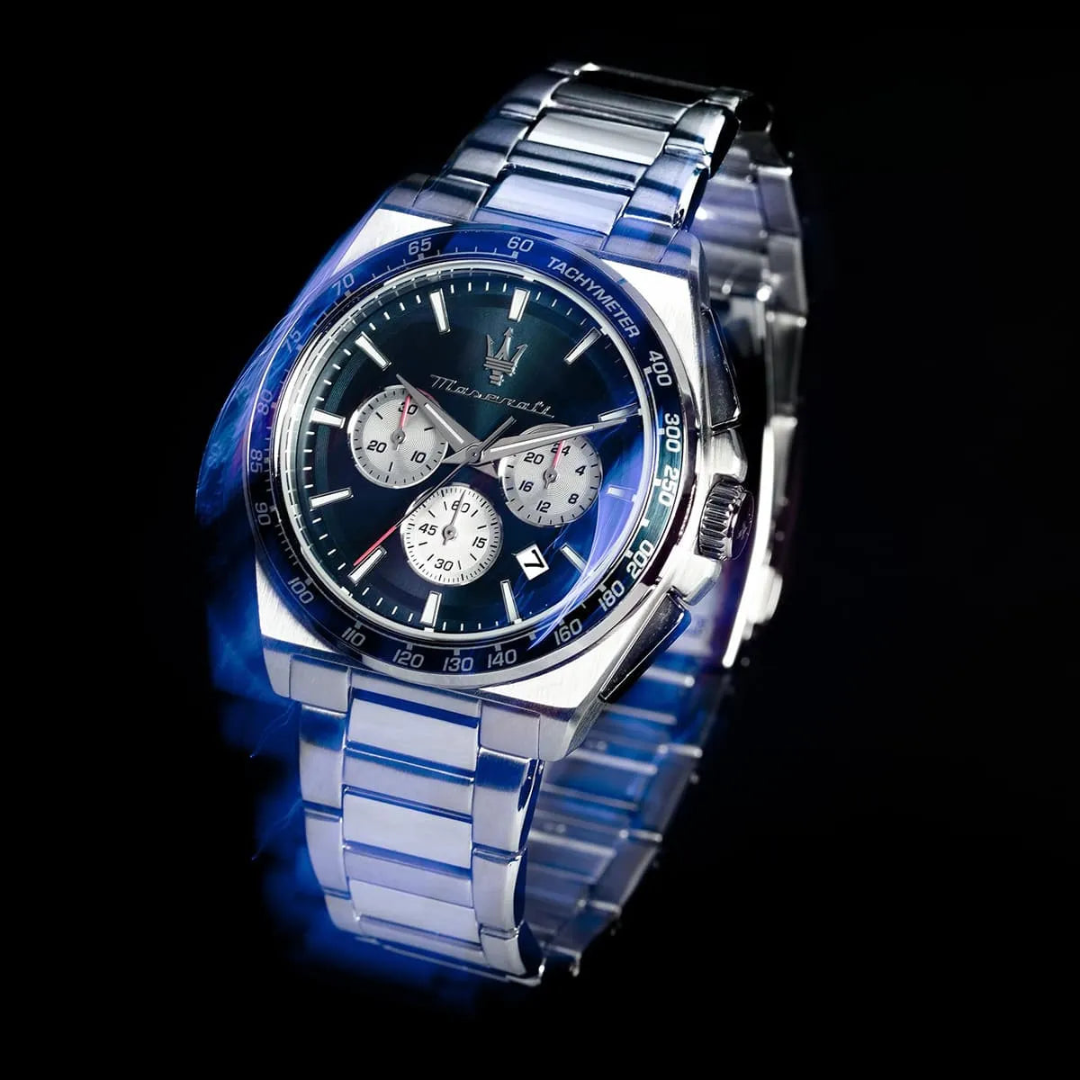 Maserati Velocità R8873652005 watch angled on black background with blue tachymeter scale and white subdials