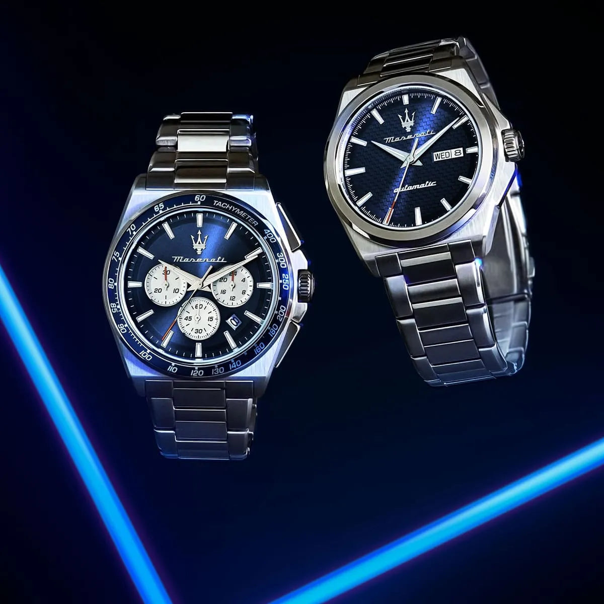 Maserati Velocità R8873652005 chronograph watch displayed with another Maserati model on dark background