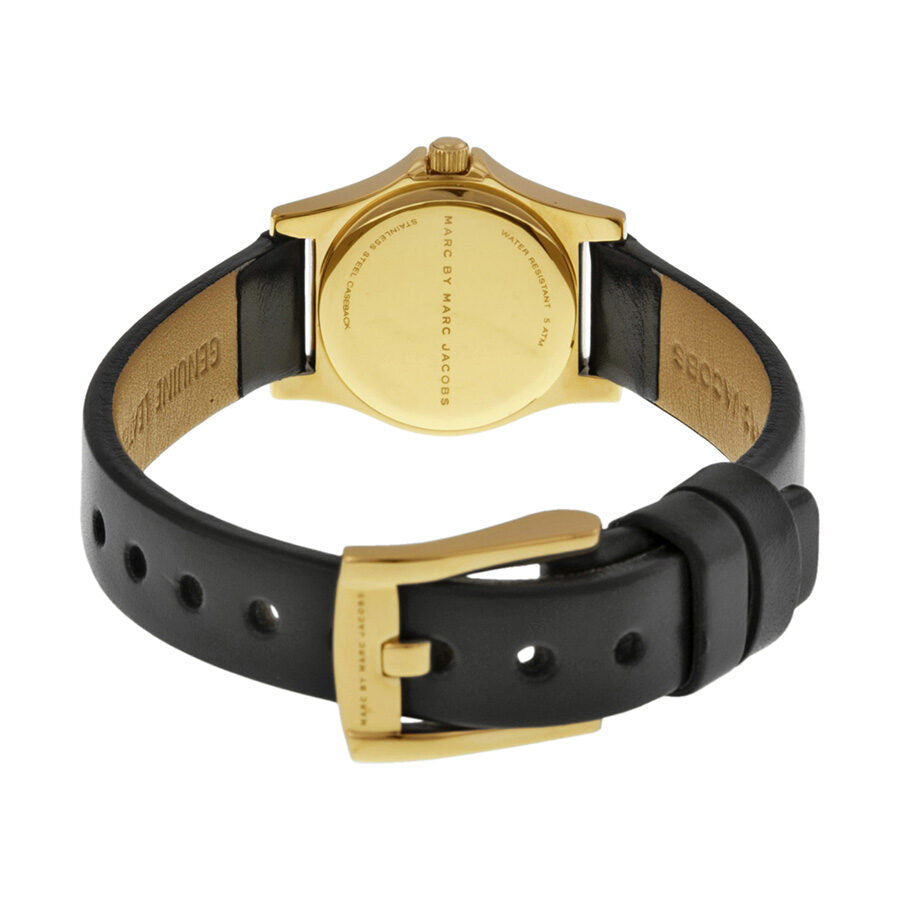 Marc by Marc Jacobs MBM1240 watch caseback view showing gold-tone case and black leather strap