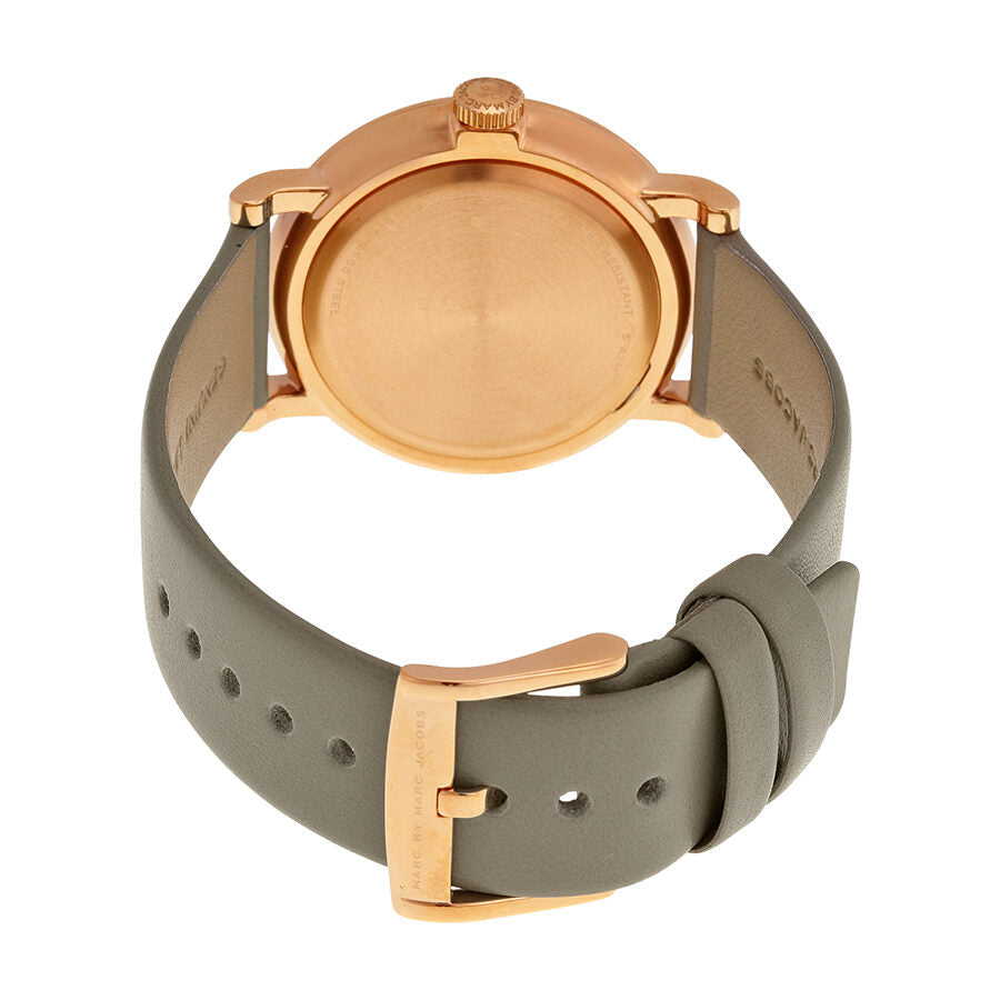 Back view of Baker watch showing rose gold caseback with grey leather strap