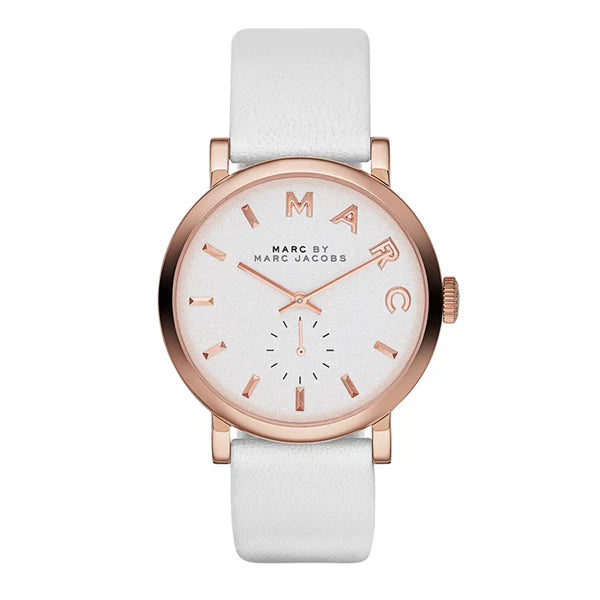 Marc by Marc Jacobs Baker white dial ladies watch with rose gold case and white leather strap