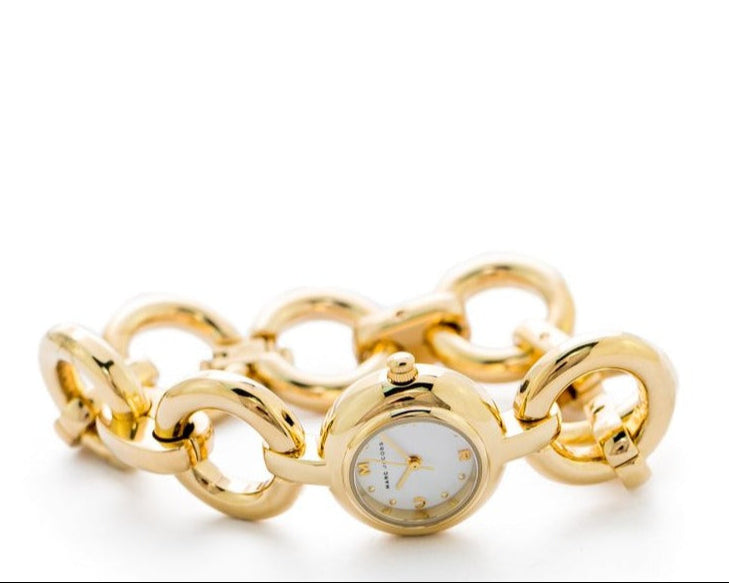 Marc by Marc Jacobs MBM3005 watch angled view showing gold-tone case and link band