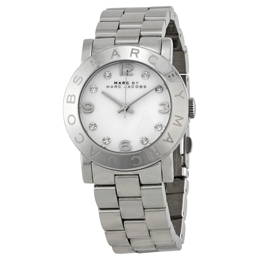 Marc by Marc Jacobs Amy watch angled view showing white dial with Arabic numerals and logo engraving on bezel
