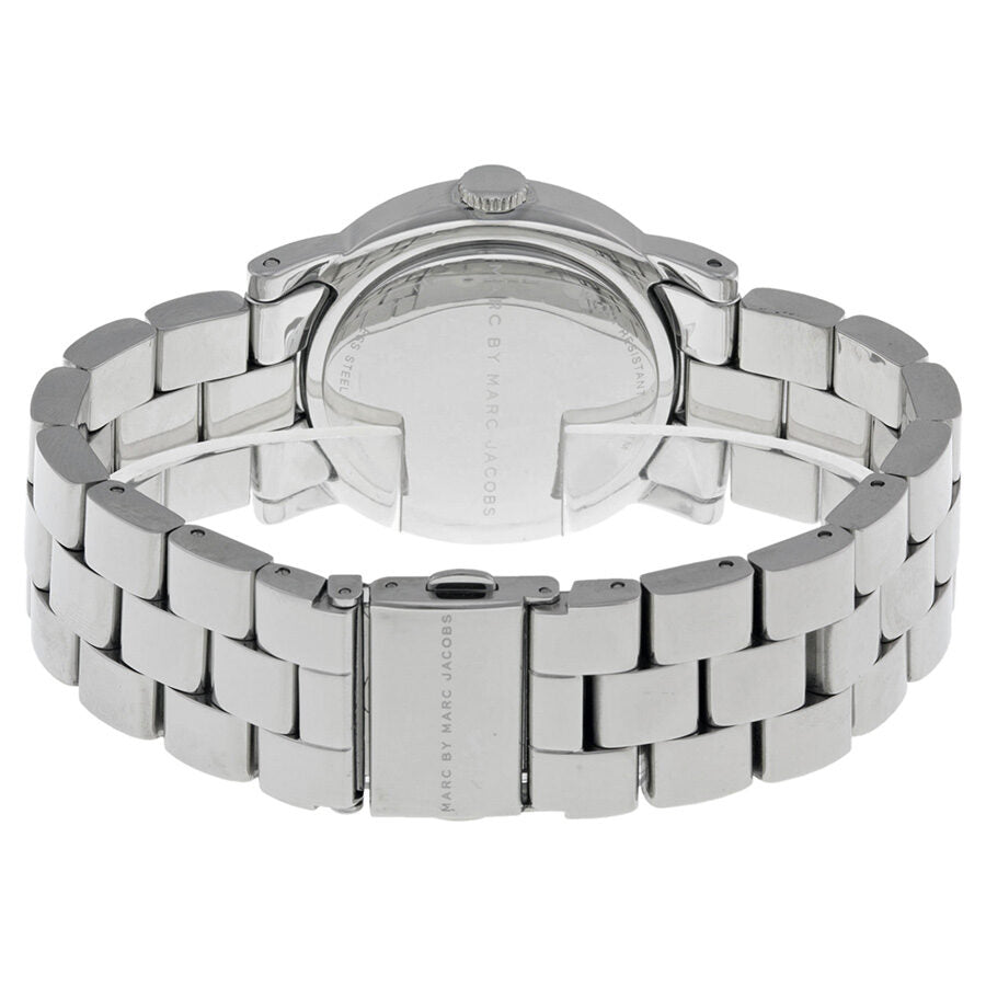 Marc by Marc Jacobs Amy watch caseback showing stainless steel three-link bracelet and fold-over clasp