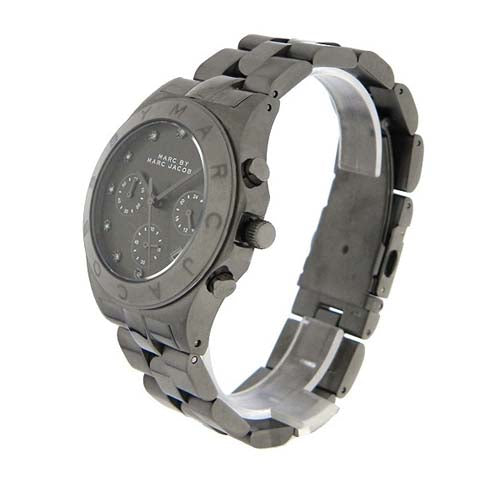 Marc by Marc Jacobs Blade black chronograph watch shown at angle with stainless steel bracelet