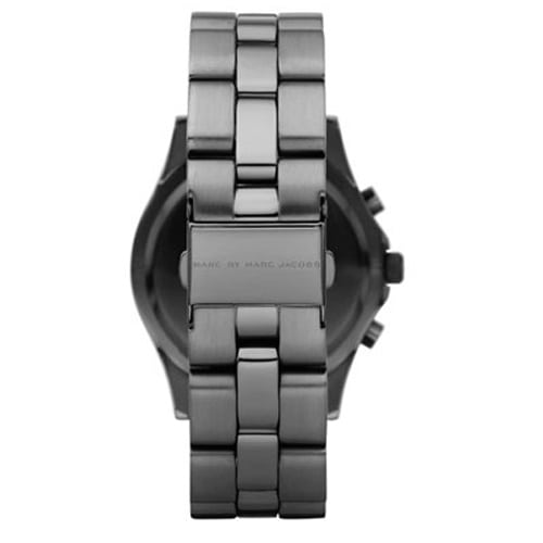 Marc by Marc Jacobs Blade watch shown from rear with black chronograph case and steel bracelet