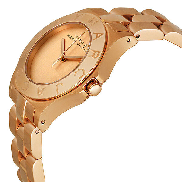 Marc by Marc Jacobs Blade watch shown at angle with rose gold case and bracelet