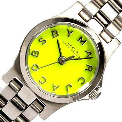 Close-up of bright green dial with arabic numerals and silver-tone hands on Henry Dinky watch
