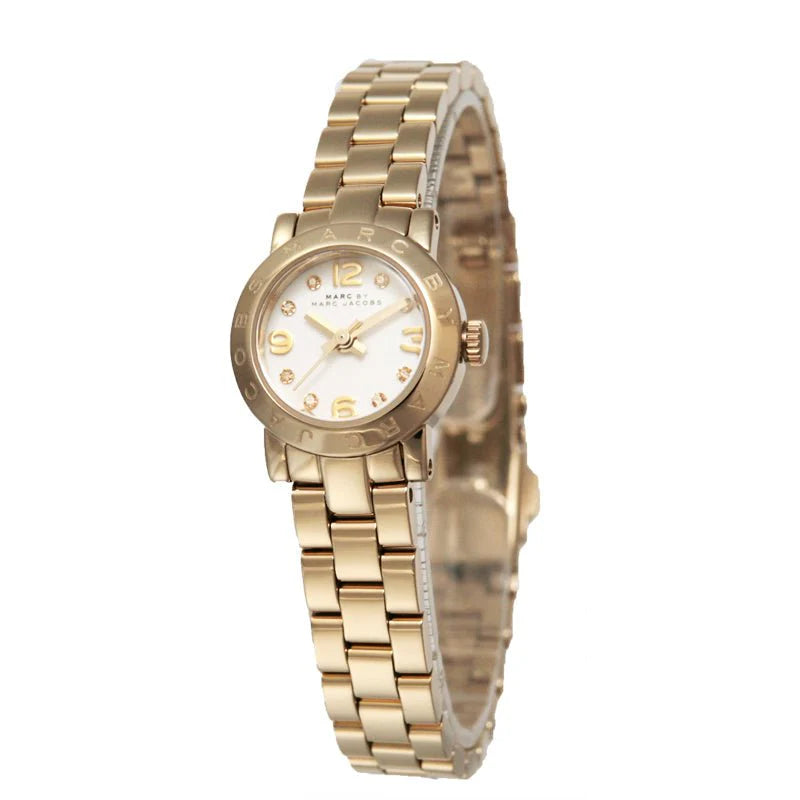 Marc By Marc Jacobs Amy Dinky gold watch at angle showing white dial and gold bracelet