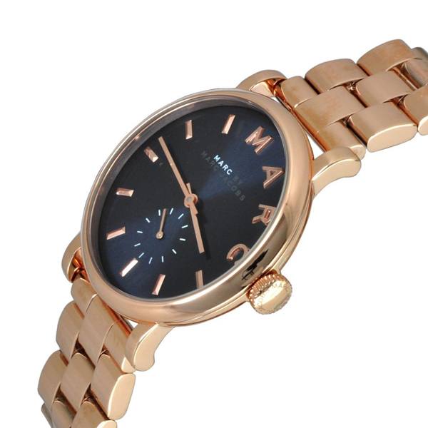 Marc By Marc Jacobs Baker watch at angle, displaying navy dial and rose gold bracelet detail
