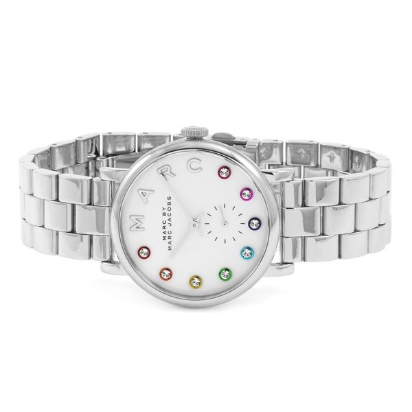 Marc by Marc Jacobs Baker MBM3420 watch angled view with stainless steel bracelet and colorful crystal markers
