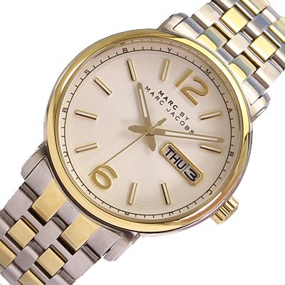Angled shot of MBM8652 showing two-tone case and mixed metal bracelet design