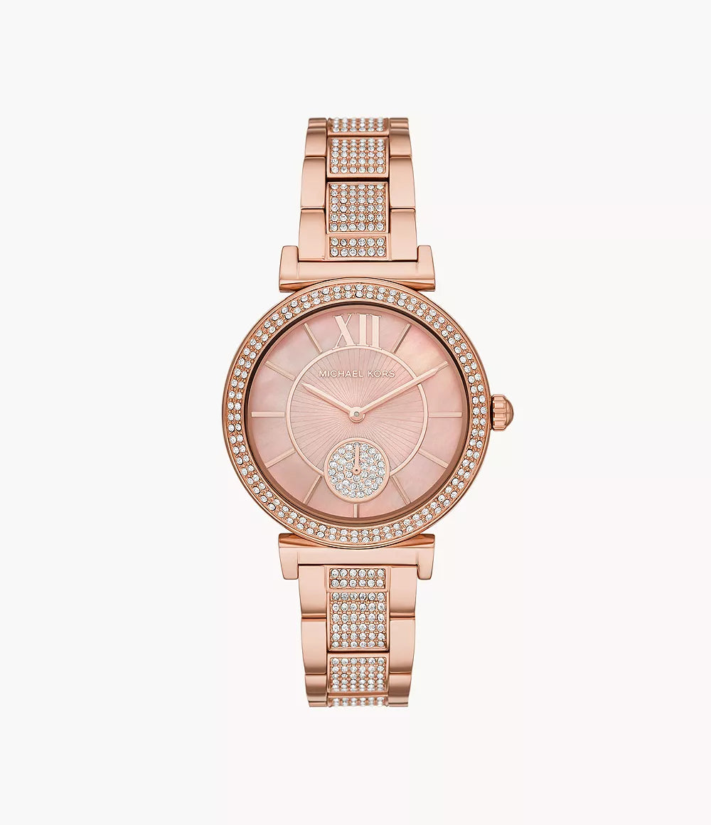 Michael Kors Abbey rose gold-tone watch with crystal-embellished bezel and bracelet
