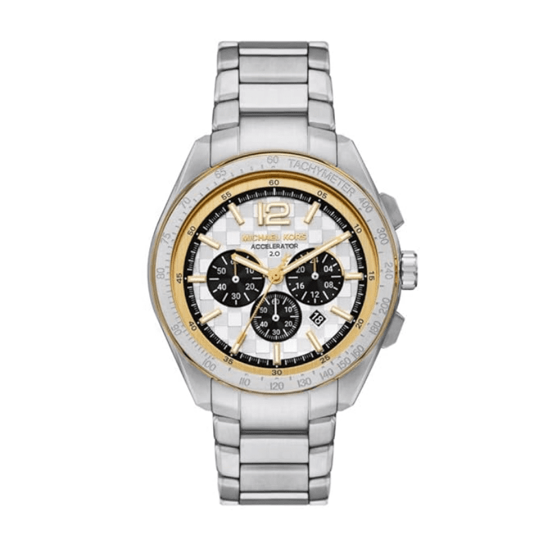 Michael Kors Accelerator 2.0 silver-tone chronograph watch with white dial and black subdials