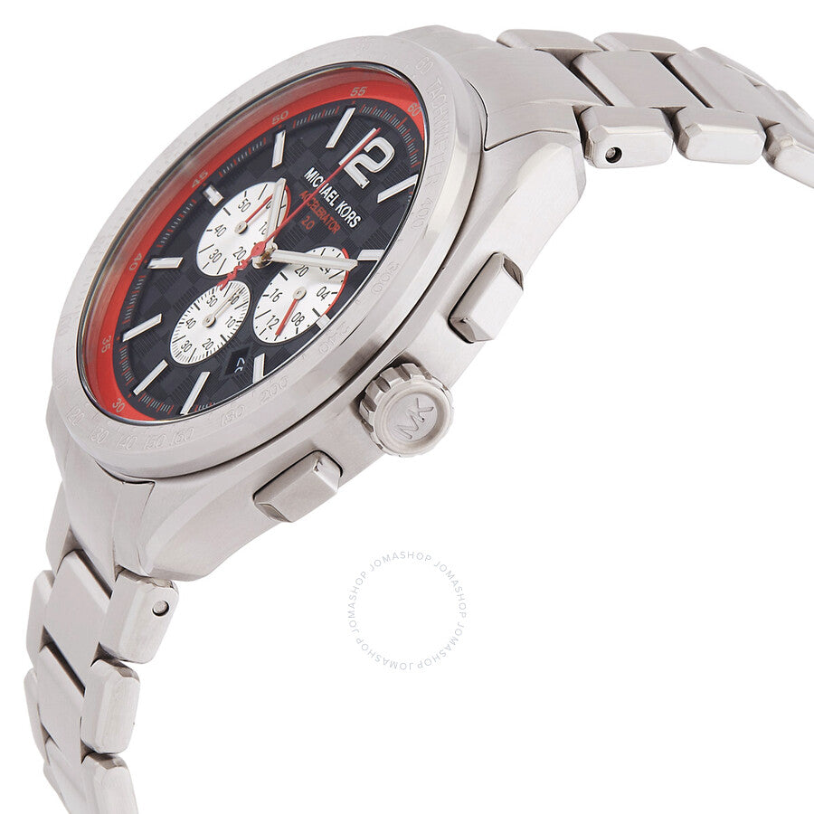 Michael Kors Accelerator 2.0 watch angled side view showing red bezel and stainless steel bracelet