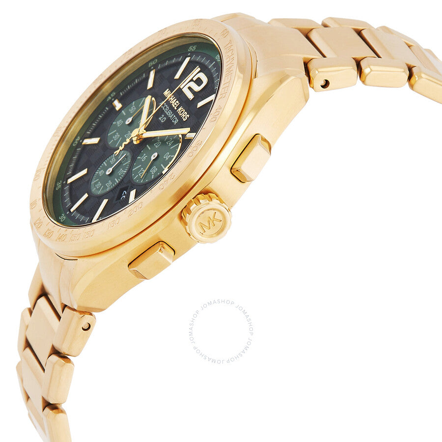Side angle view of Michael Kors Accelerator 2.0 watch with gold-tone bracelet and chronograph pushers