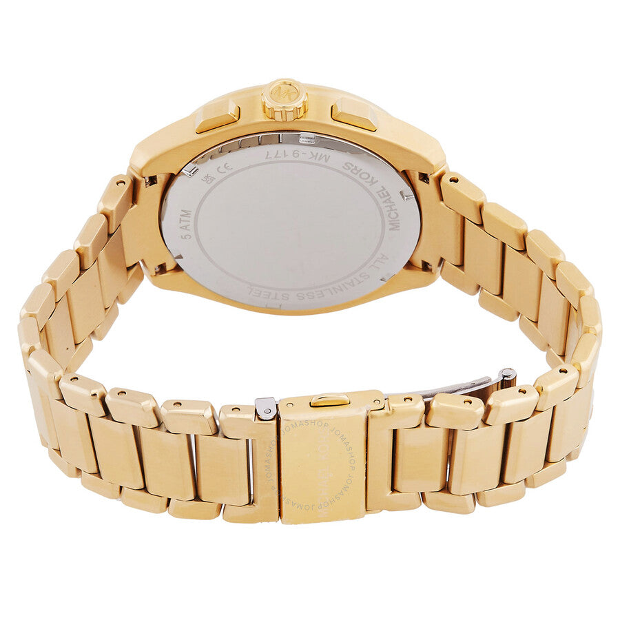 Back view of Michael Kors Accelerator 2.0 watch showing gold-tone metal caseback and bracelet
