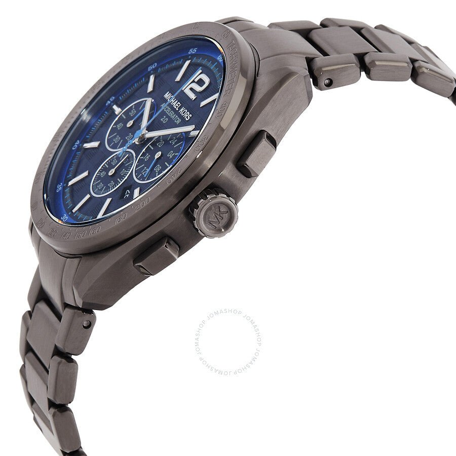 Side view of Michael Kors Accelerator 2.0 with blue dial and gunmetal metal band