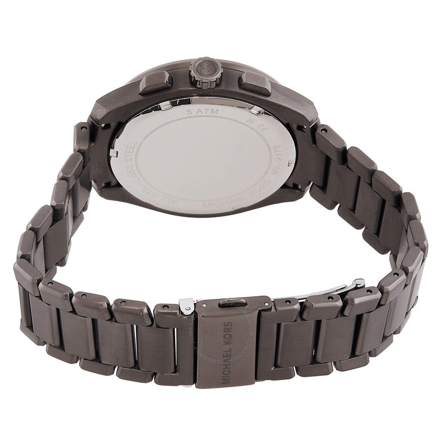 Michael Kors Accelerator 2.0 watch caseback showing gunmetal bracelet