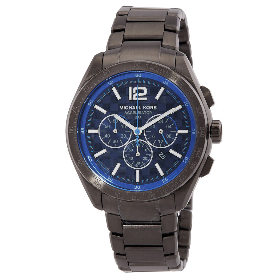Michael Kors Accelerator 2.0 chronograph watch with blue dial and gunmetal bracelet