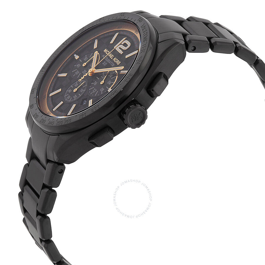 Michael Kors Accelerator 2.0 watch shown at angle displaying chronograph subdials and rose-gold accents