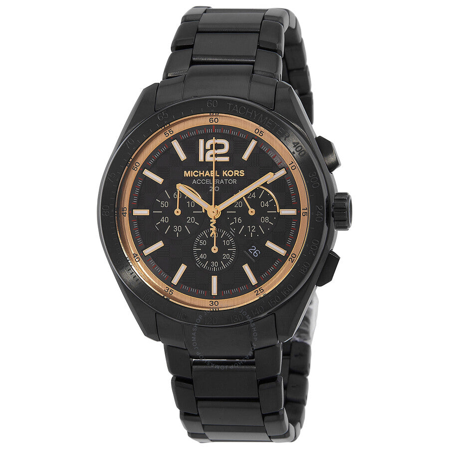 Michael Kors Accelerator 2.0 chronograph watch with black dial and rose-gold bezel on black bracelet
