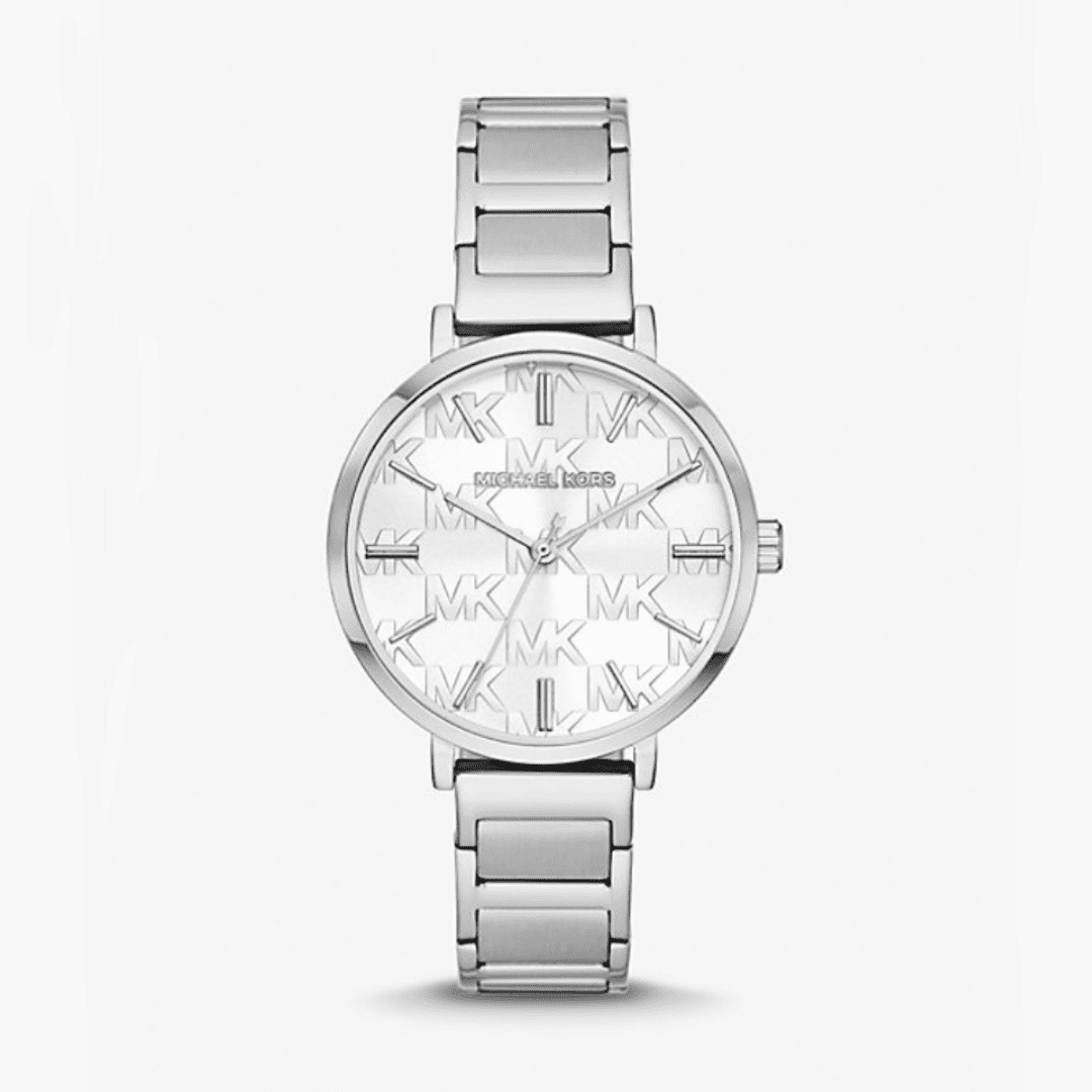 Michael Kors Addyson women's watch with white dial featuring MK monogram and silver steel strap